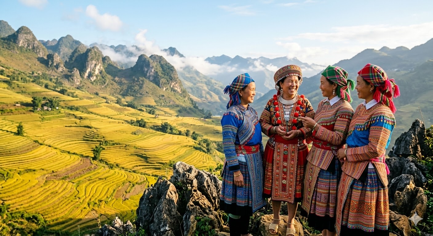 Sắc màu trang phục truyền thống: Phụ nữ Mông với những bộ váy áo sặc sỡ, được thêu dệt thủ công tỉ mỉ, không chỉ là trang phục hàng ngày mà còn là tác phẩm nghệ thuật, gìn giữ bản sắc văn hóa độc đáo của dân tộc Mông trên cao nguyên đá.