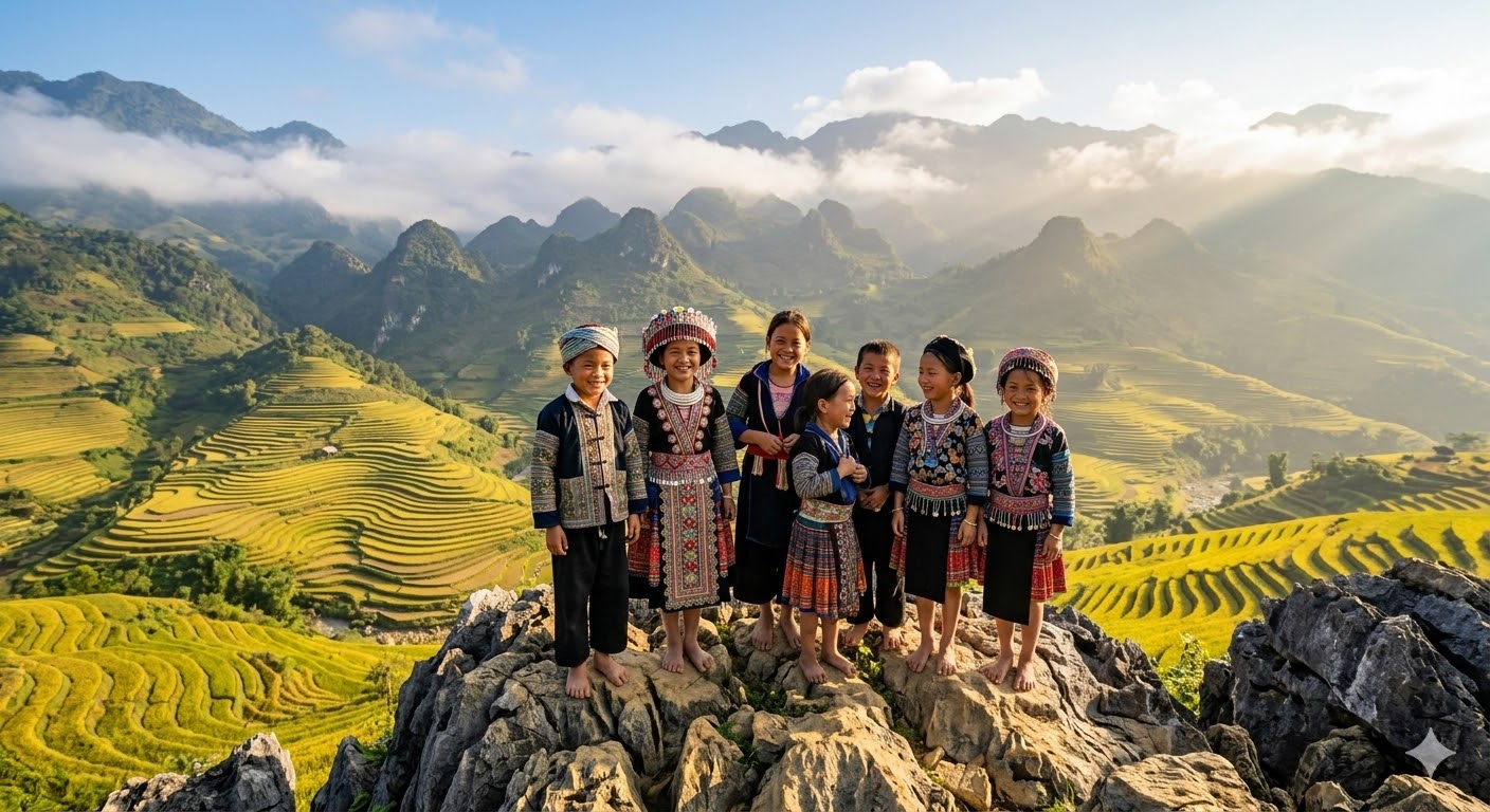 Nụ cười trẻ thơ trên cao nguyên đá: Trẻ em các dân tộc thiểu số vui chơi hồn nhiên trong trang phục truyền thống, là thế hệ tương lai, là những người tiếp nối và gìn giữ ngọn lửa văn hóa của dân tộc mình giữa lòng cao nguyên đá hùng vĩ.